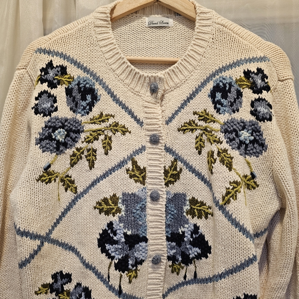 Vintage David Loren Cardigan Sweater Blue Floral 90's Knitted Buttons